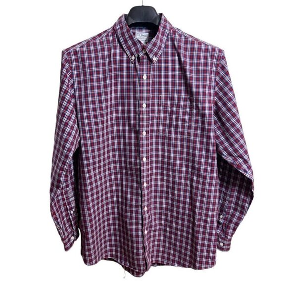L.L. Bean Men's Red Blue Plaid Long Sleeve Button Up Cotton L Tall Large‎ Tall - Picture 1 of 9